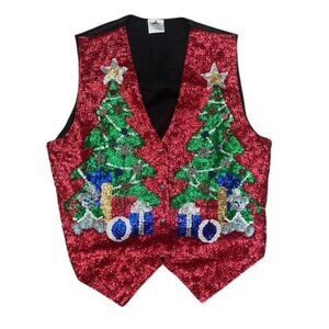 Vintage Bintang Christmas Tree Vest Red Sequin Beaded Holiday Vest Size Large